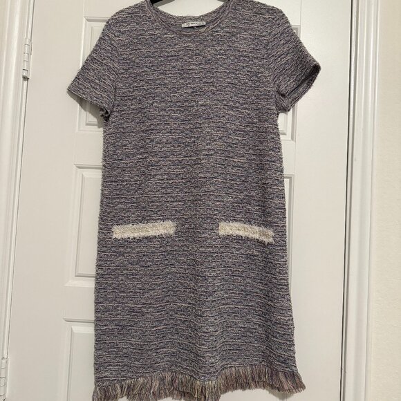 Zara Dresses & Skirts - Zara Trafaluc Short Sleeve Tweed Dress Fringe Hem Size L